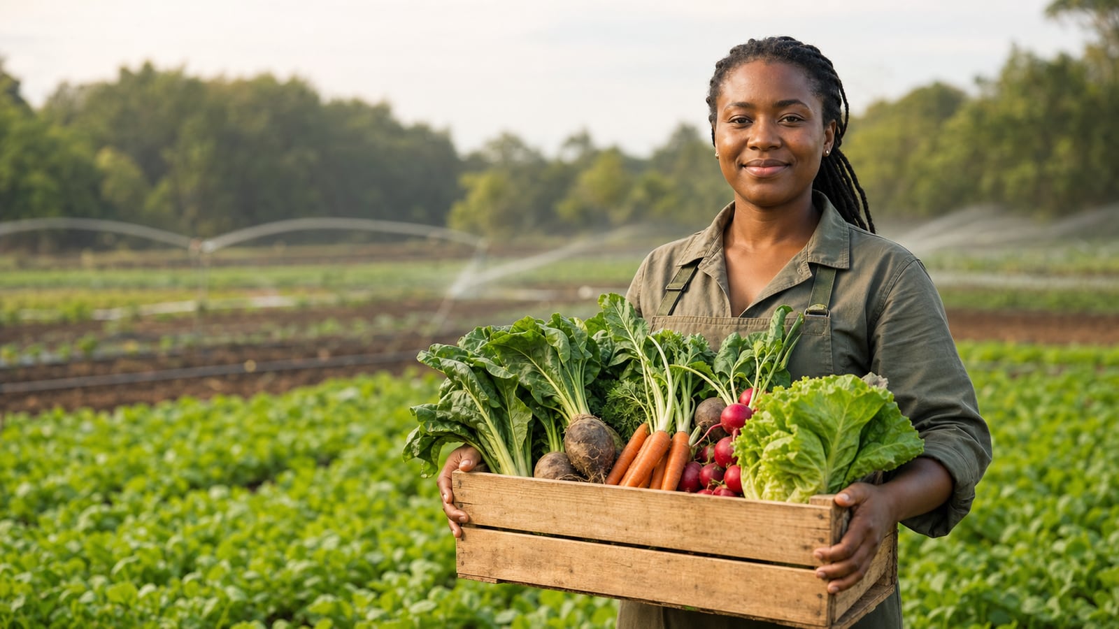 African commercial farmer holding fresh produce on a productive farm