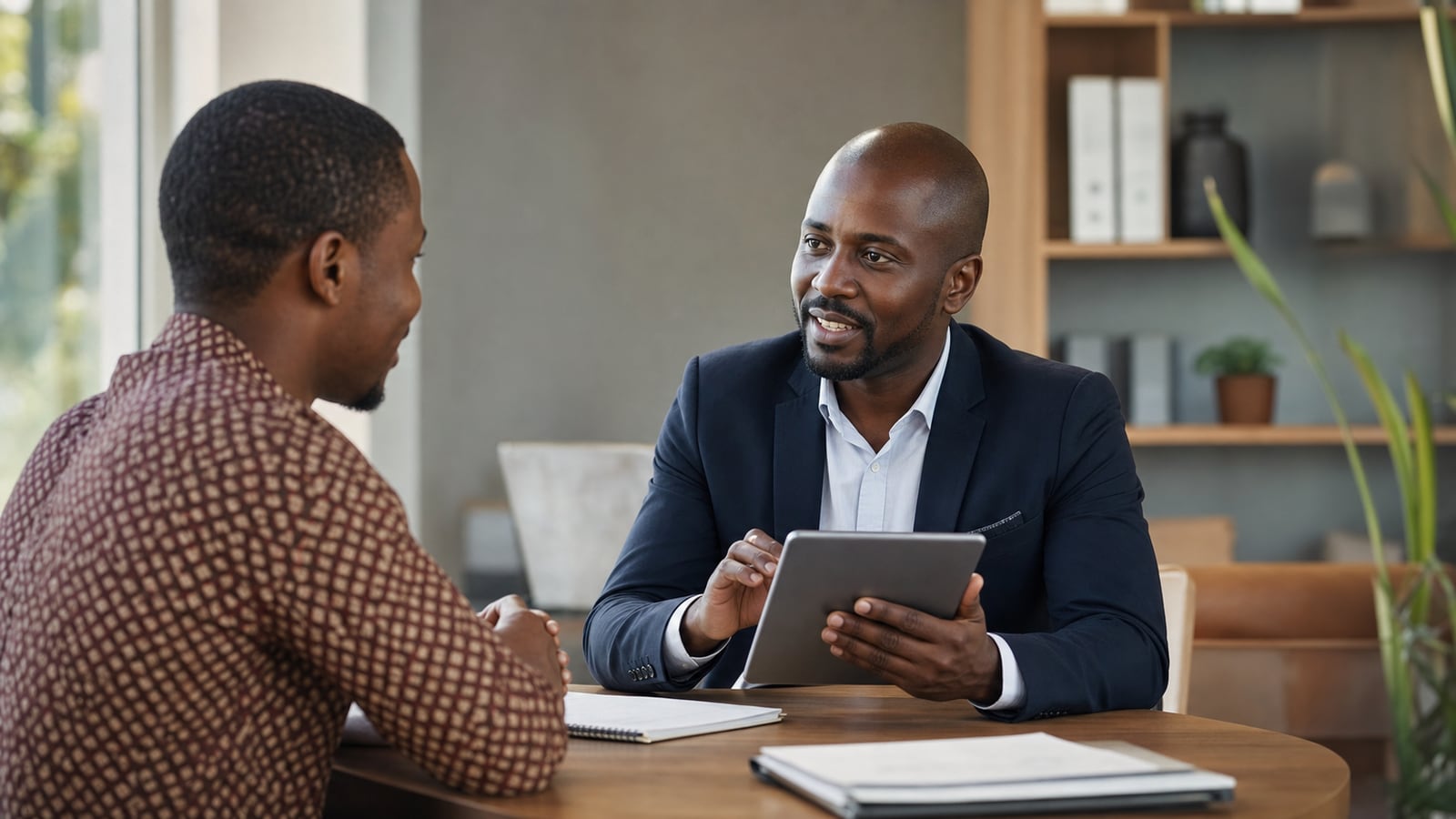 African financial consultant meeting a client in a modern office