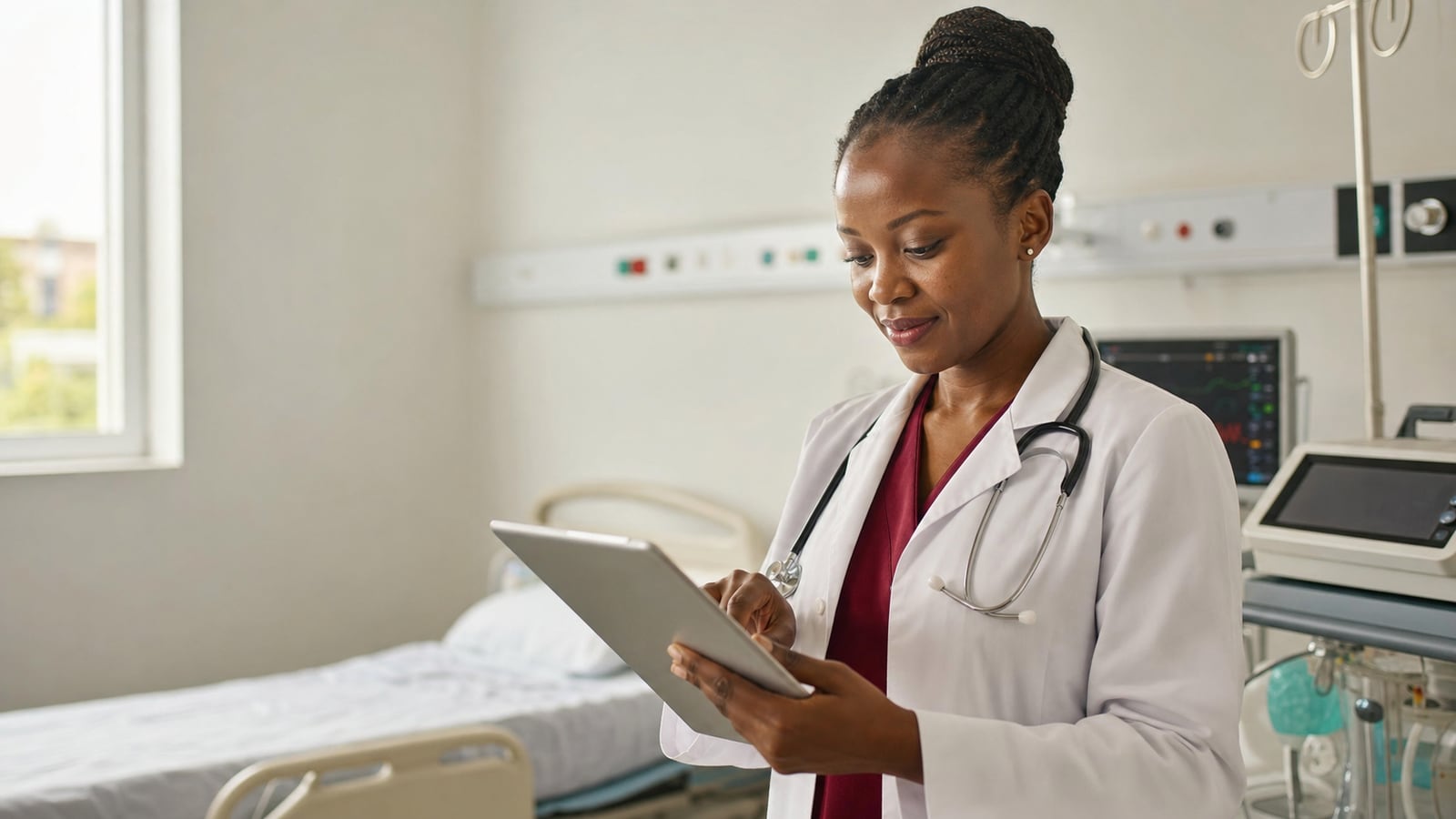 African doctor using digital healthcare technology in a modern hospital