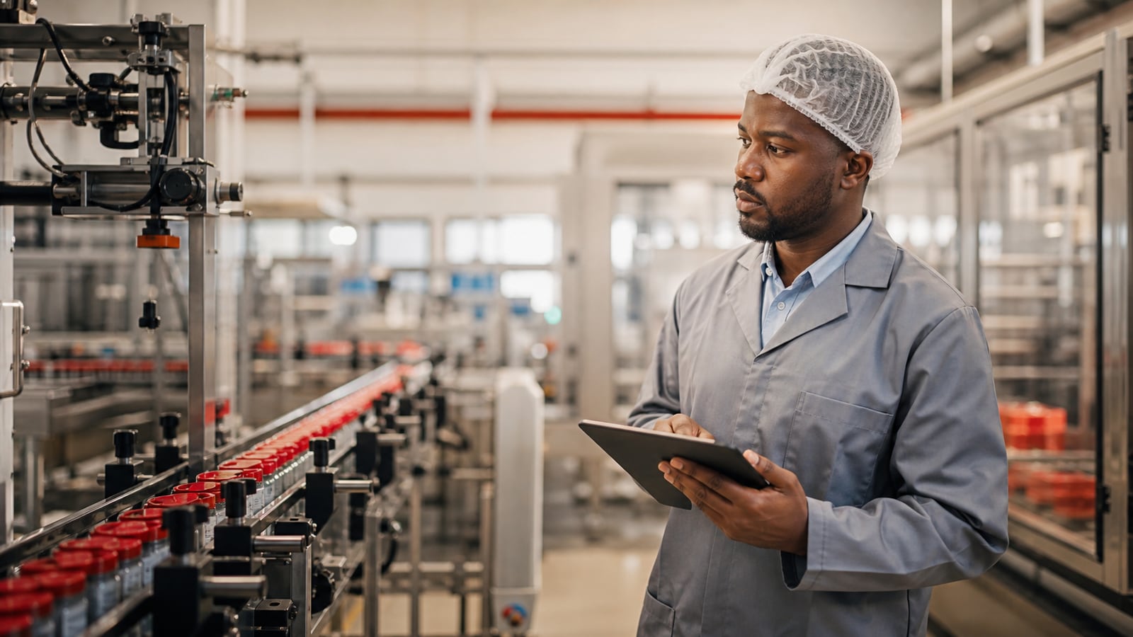 African production supervisor inspecting a modern manufacturing line