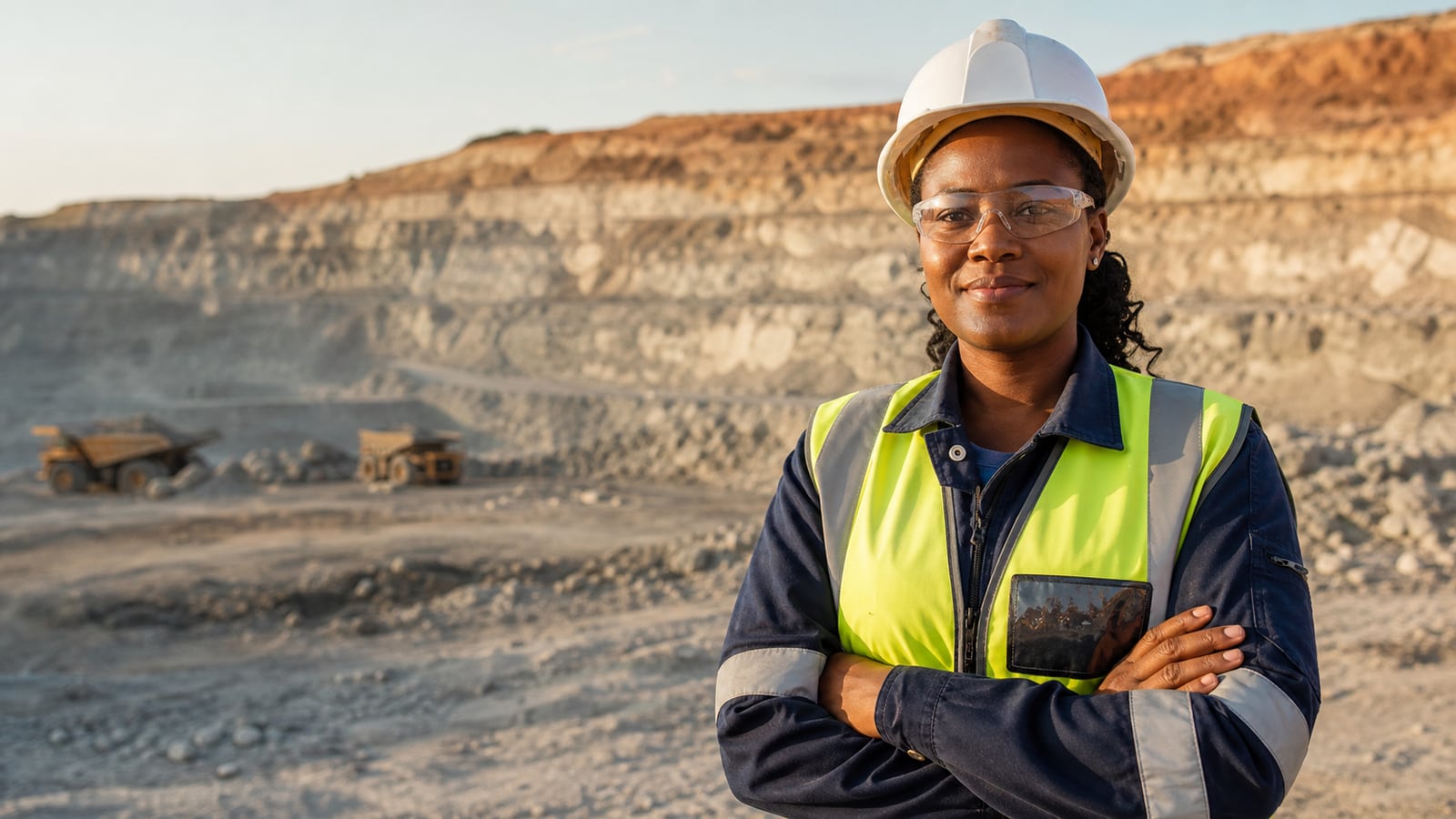 African mining engineer wearing protective equipment at an active mine site