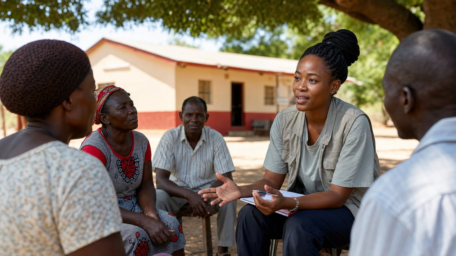 African humanitarian worker in a positive discussion with a local community
