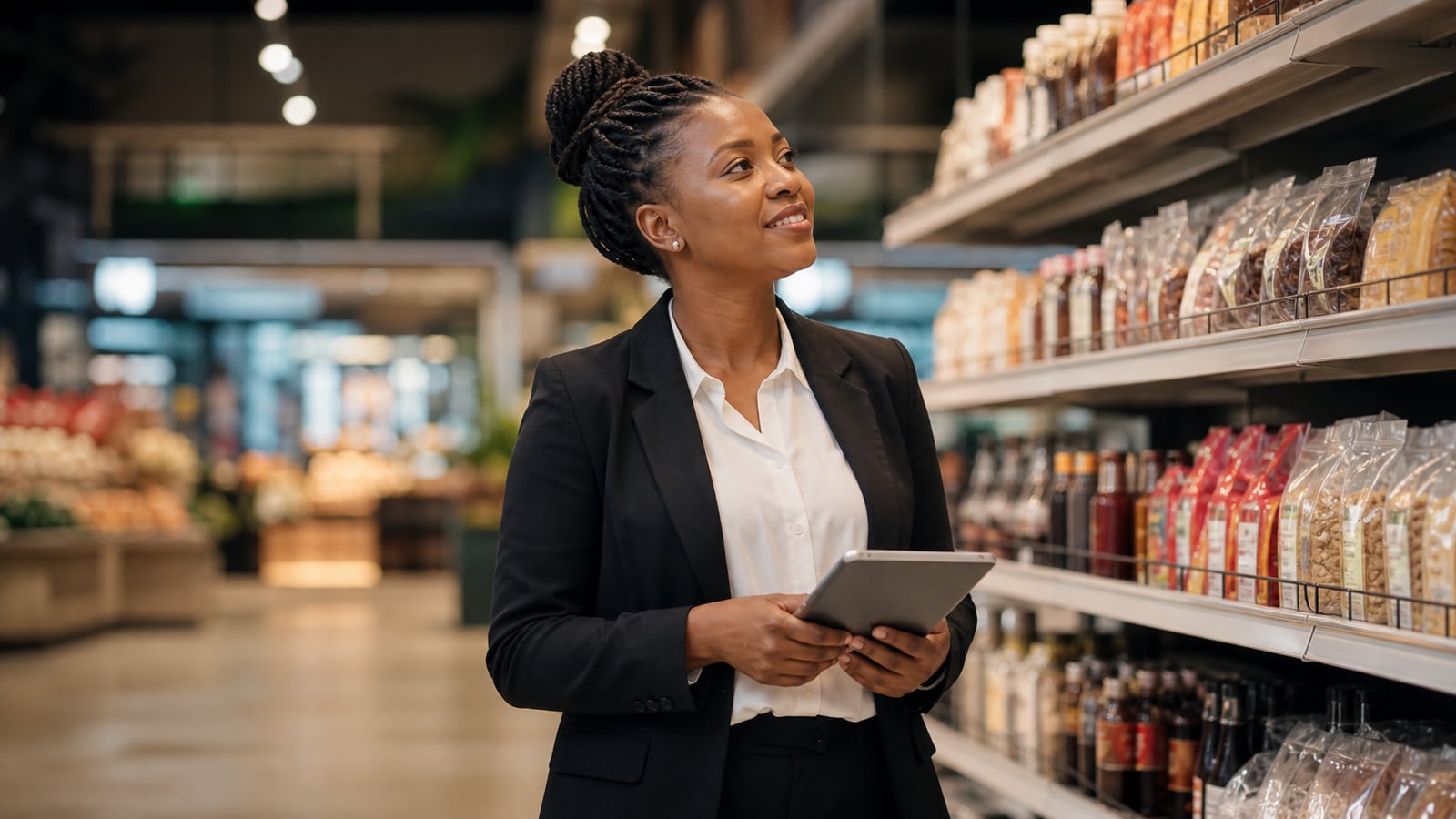 African retail manager reviewing products inside a modern supermarket