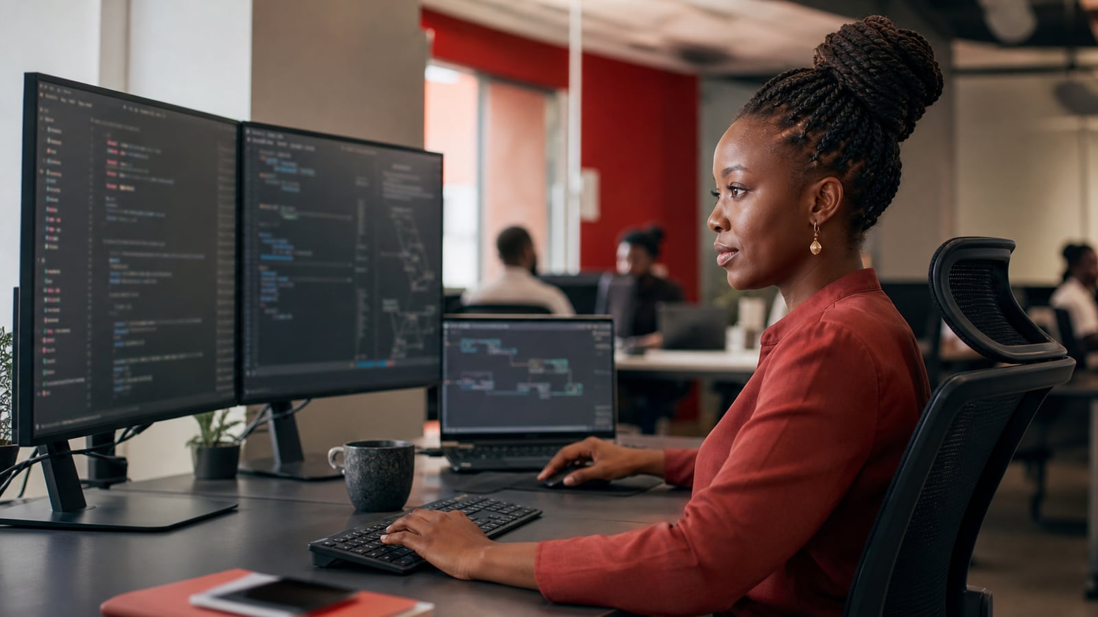 African software engineer working with multiple monitors in a technology workspace
