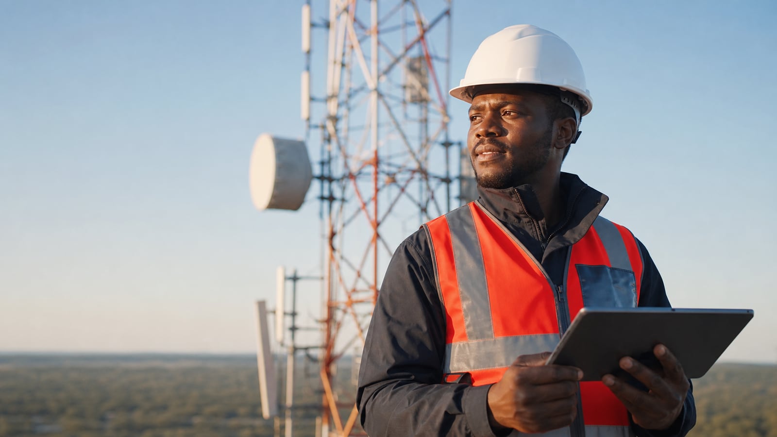 African telecommunications engineer inspecting network infrastructure with a tablet