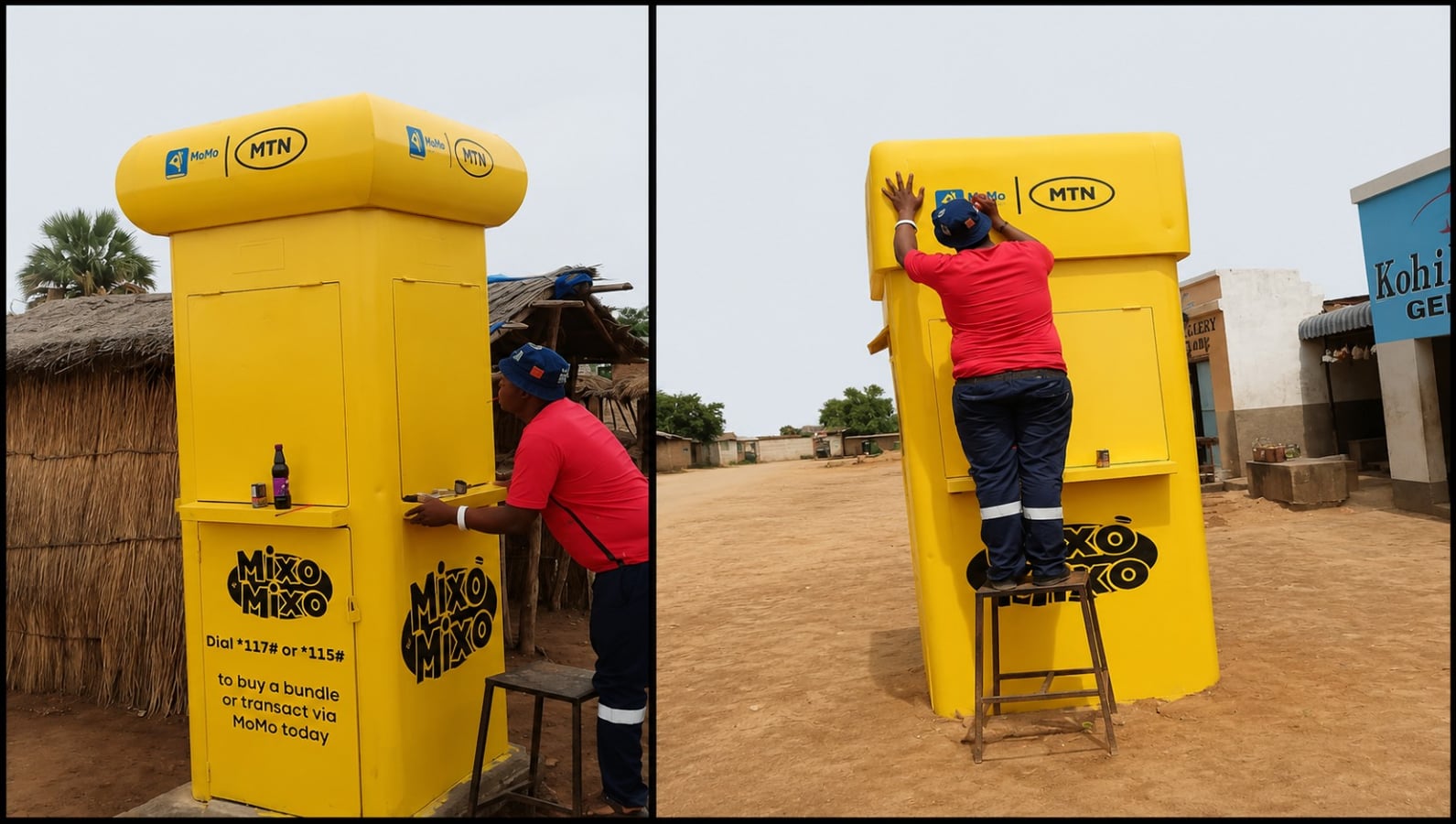 BRANDV8 installer applying finishing details to a yellow MTN MoMo retail kiosk