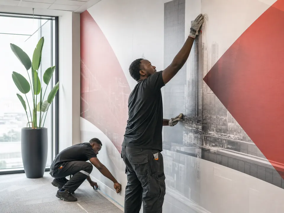 African retail branding team inspecting a point-of-sale display