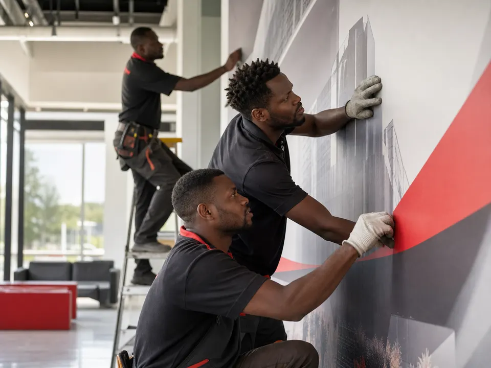African installers applying premium wall graphics